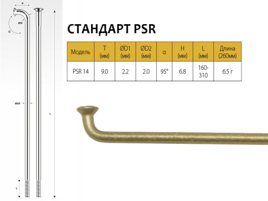 Спицы PSR 14, 2,0мм 14GX285 мм Pillar золотистые