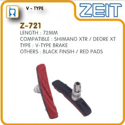 Колодки тормозные Z-721 для V-brake, картриджные, резьбовые, 72мм, чёрный корпус, красный картридж ZEIT совместимость: Shimano xtr/deore xt, блистер