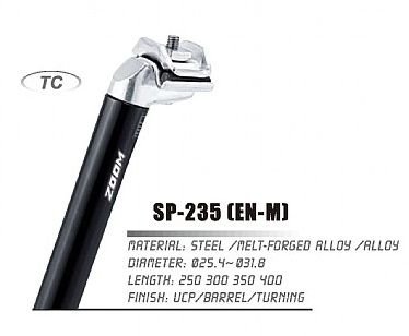 Штырь подседельный Zoom SP-235, алюм., D:25,4 x L:350мм, чёрный, 1 болт