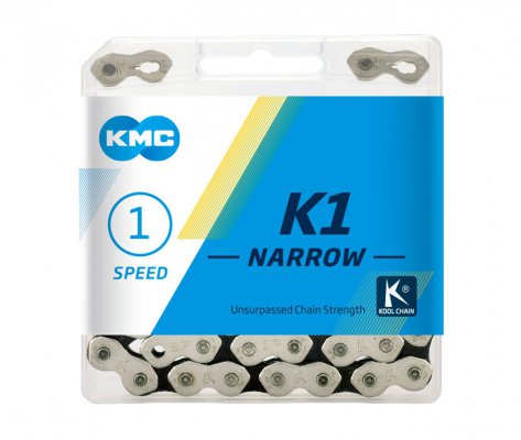 Цепь  KMC K1 NARROW, 1 ск., 1/2x3/32"х112", серебр./чёр., в торг.уп.
